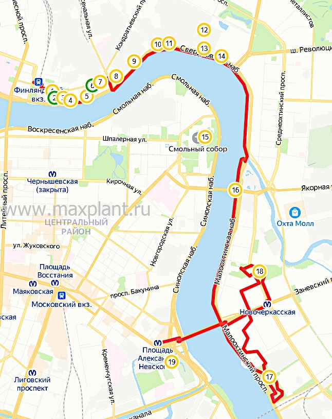 Карта маршрута прогулки по правому берегу Невы от Литейного моста до моста Александра Невского