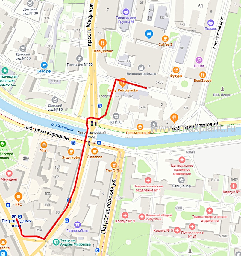 Карта Как пройти к кварталу Ленполиграфмаш от метро Петроградская