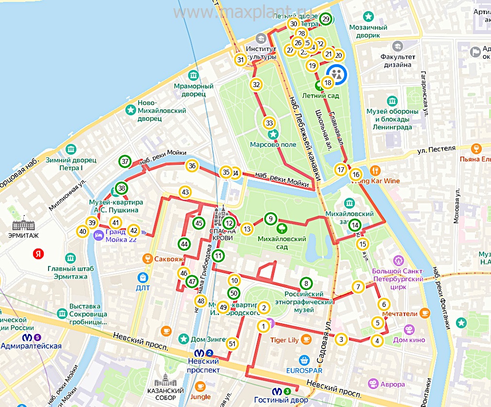 Карта маршрута Русский музей - Спас на Крови - Летний сад