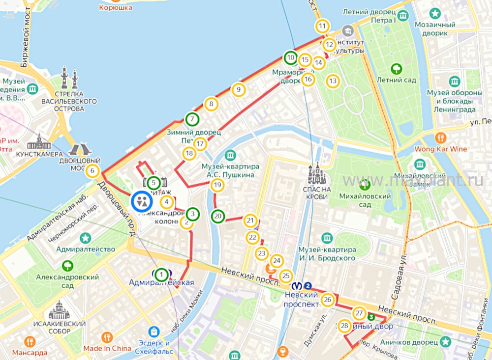 Карта маршрута Эрмитаж - Главный Штаб - Дворцовая набережная