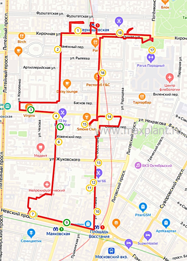 Карта маршрута прогулки по Маяковского и Восстания