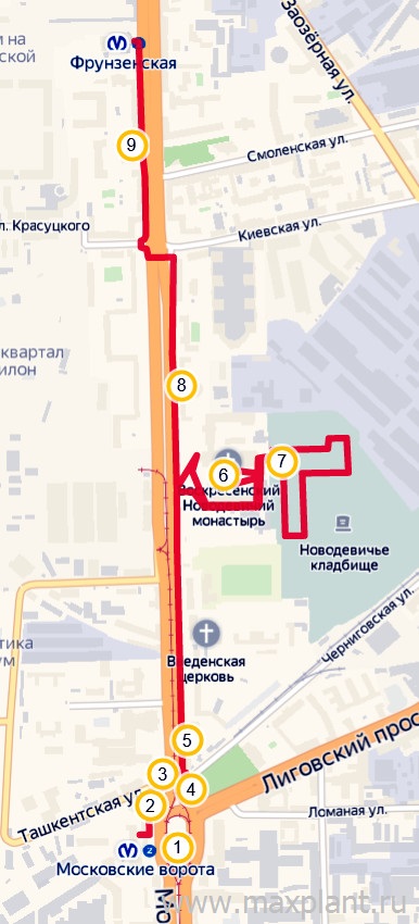 Карта маршрута прогулки Новодевичий монастырь - Московская застава