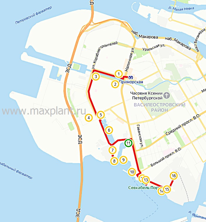 Карта маршрута прогулки по московской окраине Петербурга