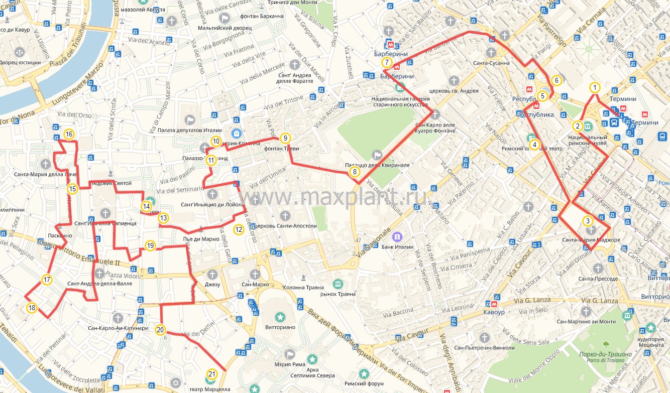 Карта маршрута третьего дня в Риме