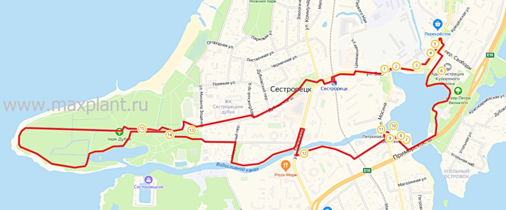 Карта маршрута прогулки по Сестрорецку и парку Дубки