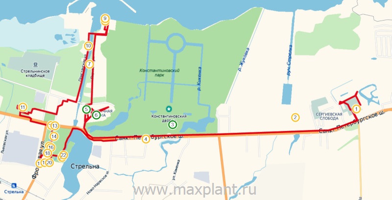 Карта маршрута прогулки по Стрельне