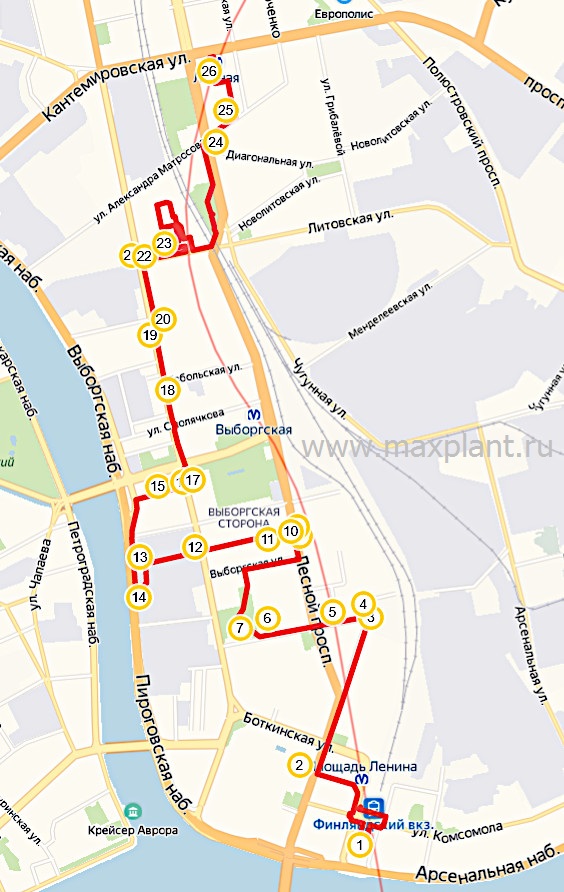 Карта маршрута прогулки по Выборгской стороне