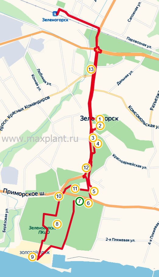 Карта маршрута прогулки по Зеленогорску